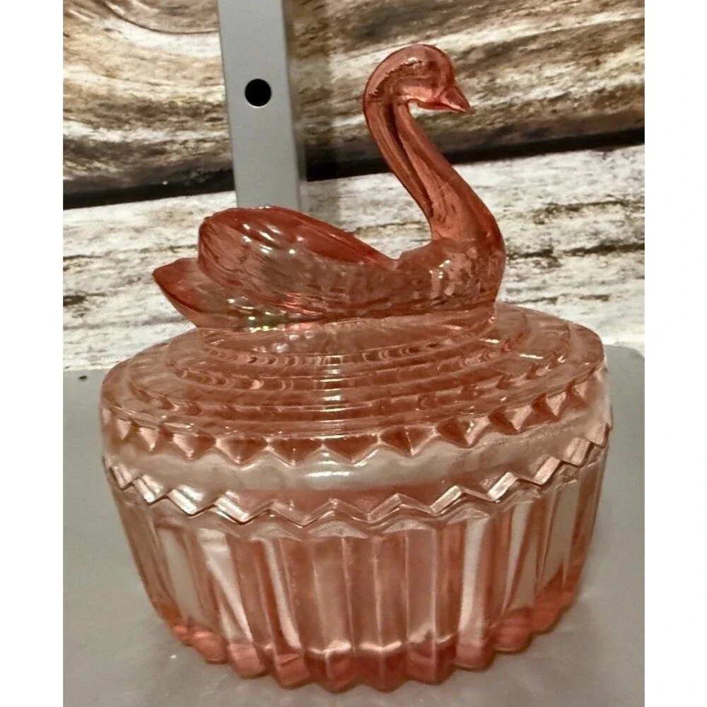Vintage Jeanette Amberina Glass Powder Dish w/Swan Lipstick Holder Lid